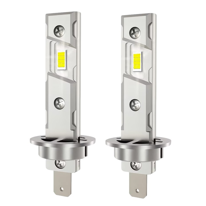 Set 2 Becuri Auto LED H1, AutoREY®, Bec H1 LED, 120W, 6000K, Cu Ventilator Pentru Racire, Chipuri 3570 CSP Ultra Luminoase, Lumina Alb Rece Puternica, Compatibile Universal 12V, Tehnologie CANBUS Fara Eroare De Bec Ars, Instalare Rapida Plug & Play