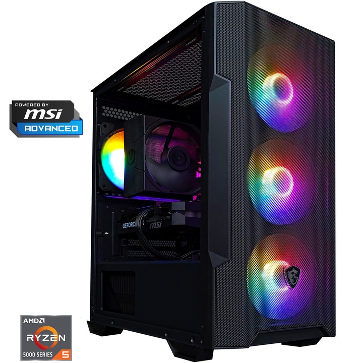 Sistem Desktop PC Gaming A+ Powered by MSI cu procesor AMD Ryzen™ 5 5500 pana la 4.2GHz, 32GB DDR4, 1TB SSD, MSI GeForce RTX™ 5050 8GB GDDR7 SHADOW 2X OC, No OS, Black