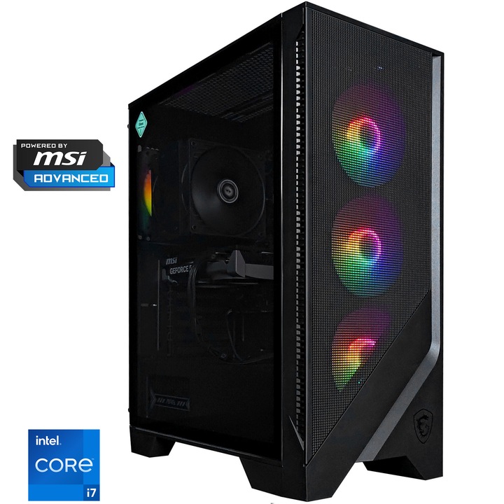 Sistem Desktop PC Gaming A+ Powered by MSI cu procesor Intel® Core™ i7-12700KF pana la 5.0GHz, 32GB DDR4, 1TB SSD, MSI GeForce RTX™ 5060 8GB GDDR7 VENTUS 2X OC, No OS, Black