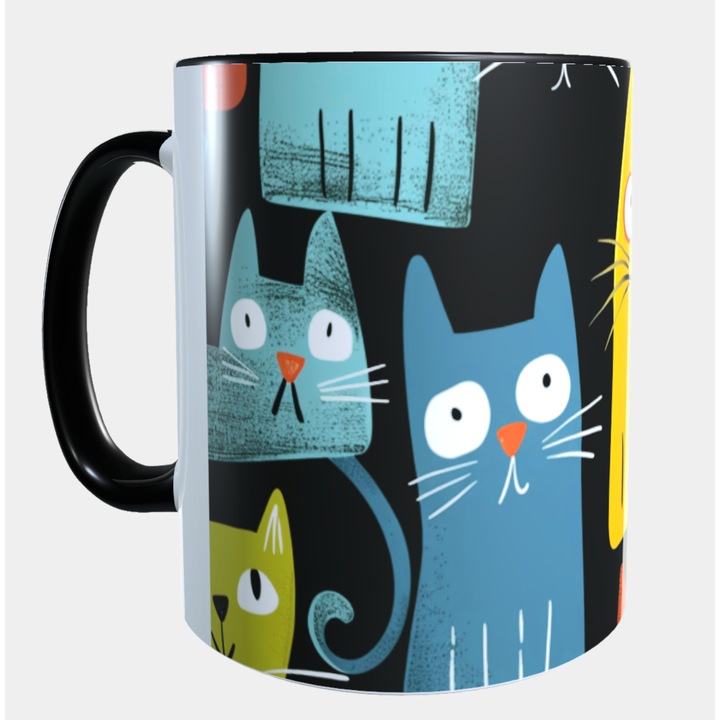 Cana ceramica personalizata „Pisici nebune pe fundal negru” – 330 ml, interior si toarta neagra