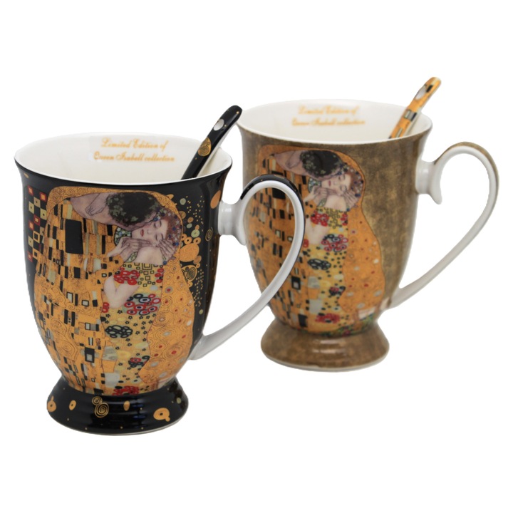 Комплект 2 порцеланови чаши 300 мл с лъжички, „Целувката“ на Климт, черно-златисто/бяло-златисто – подарък за двойки и любители на изкуството