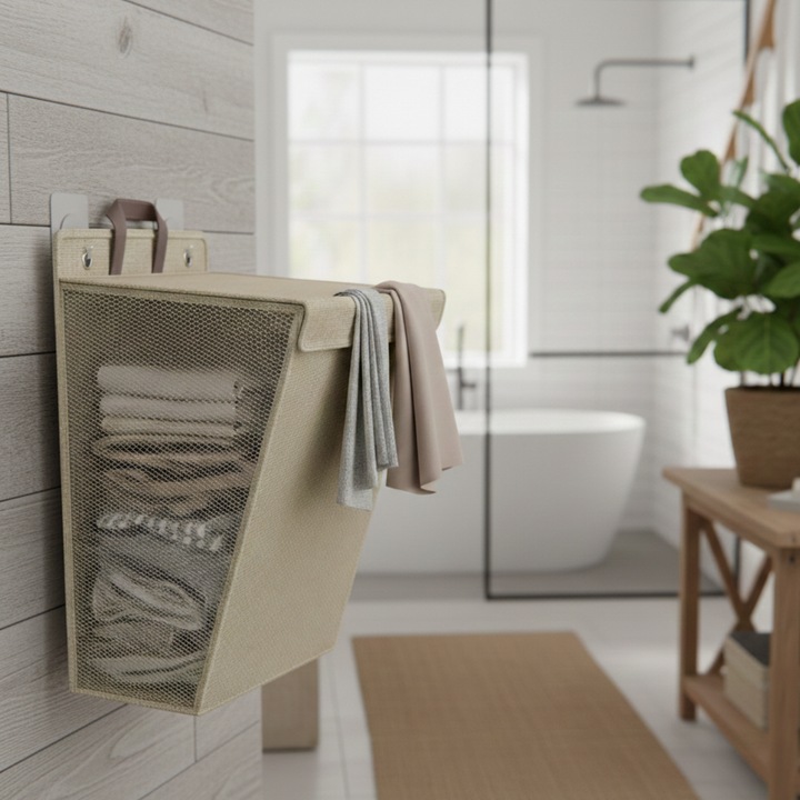 Cos de Rufe Suspendat si Pliabil, Smartcommerce™, Dimensiuni 57x40x15 cm, Material Respirabil cu Plasa Laterala, Include Carlige de Fixare, Economie de Spatiu, Bej