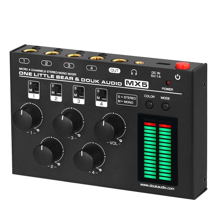 Mixer audio, 4 canale, LED-uri de monitorizare, design compact, alimentare DC5V