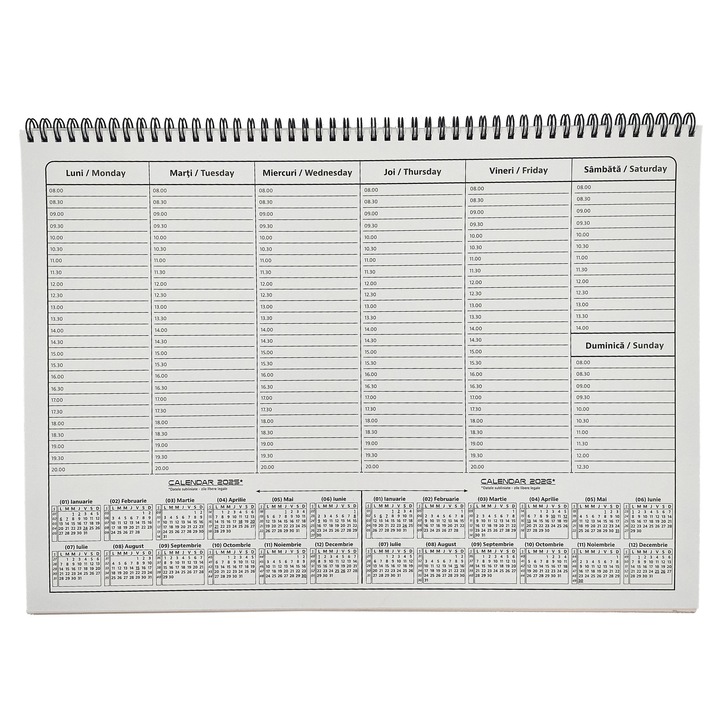 Agenda planner saptamanal de birou cu calendar 2026, format mare A3, 42 x 30 cm, cu 52 de file legate cu spira si suport rigid din carton gros de 2 mm