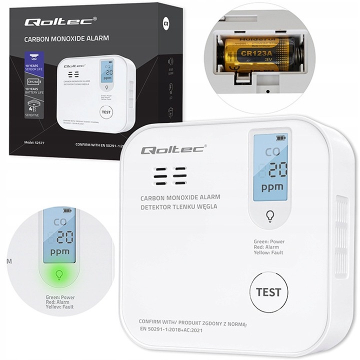 Szén-monoxid érzékelő, Qoltec, elektrokémiai, 85 dB hangjelzés, fehér, 87x87x31mm