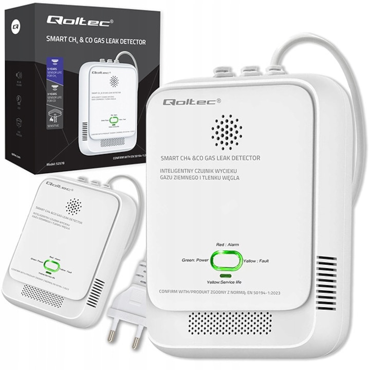 Detector de gaz si monoxid de carbon Qoltec, Senzor electrochimic CH4 CO LPG, Alarma 85dB LED, Certificat EN50194:2023, Monitorizare 5 ani, Siguranta casa si familie, Instalare simpla 220V, Qoltec 52578