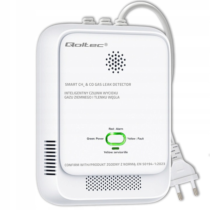 Qoltec Smart CH gáz- és szén-monoxid érzékelő, 85 dB riasztás, LED figyelmeztetés és öndiagnosztika, fehér, 1 db