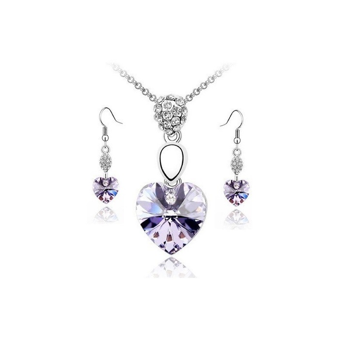 Ezüst ékszer készlet, Lila szív kristályokkal