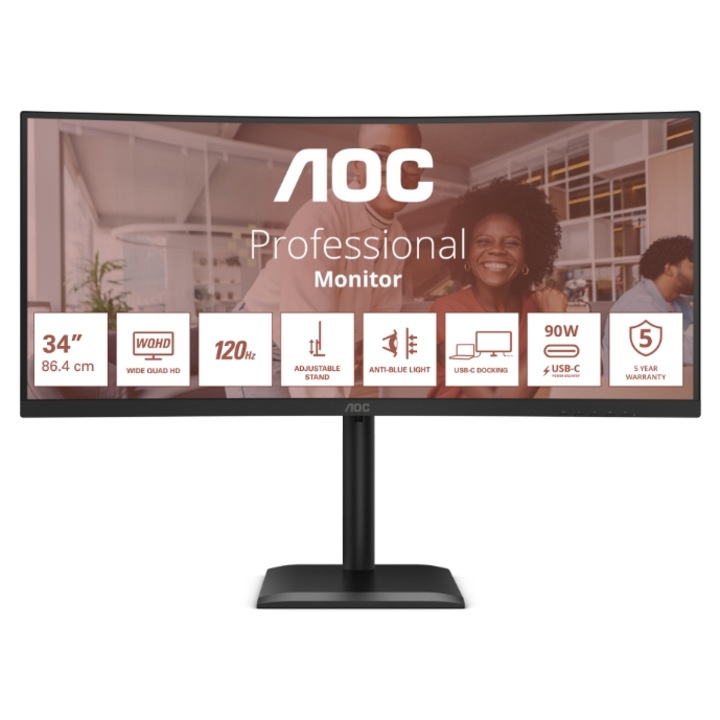 Monitor VA LED AOC 34" CU34E4CV, UWQHD 3440 x 1440, HDMI, DisplayPort, Ívelt képernyő, Hangszórók, 120 Hz, 4 ms Fekete