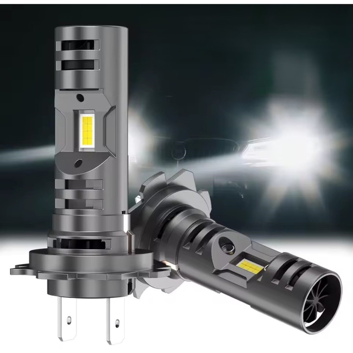 Set 2 Becuri Auto LED H7, AutoREY®, Bec H7 LED, 120W, Lumina Alba 6000K, Cip LED Performant, CANBUS Integrat, Bec LED H7 Cu 2 Ventilatoare Pentru Racire Activa, Design Mini Plug & Play, Protectie IP68, Compatibil 12V, Iluminare Faruri Clara Si Stabila