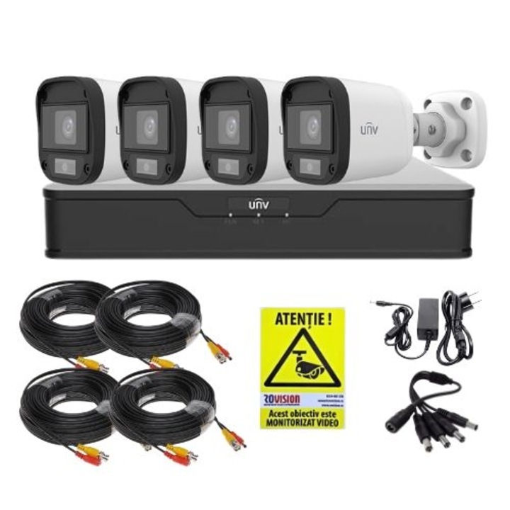 Uniview 4 mini kamerás megfigyelő szett, 5MP, ColorHunter, 5MP 2K+, 20m fehér fény, színes éjszakai látás, 4 csatornás DVR, szerelési tartozékok, telefonos megtekintés
