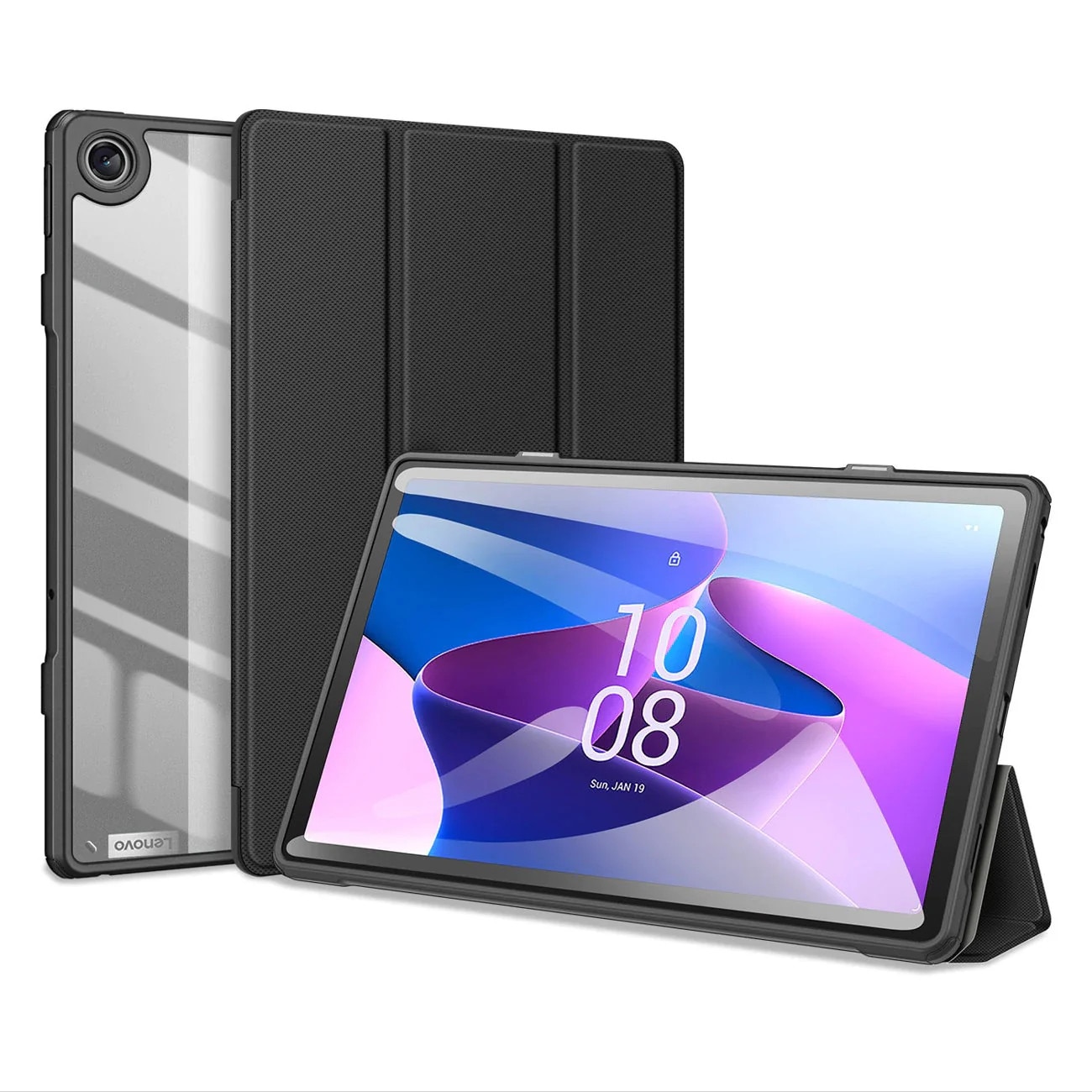 Husa Sigloo pentru tableta Lenovo Tab 10.1" 2025 TB311 – Slim, Tri-Fold Magnetic, Piele Ecologica, Suport Stylus, Spate transparent – Negru