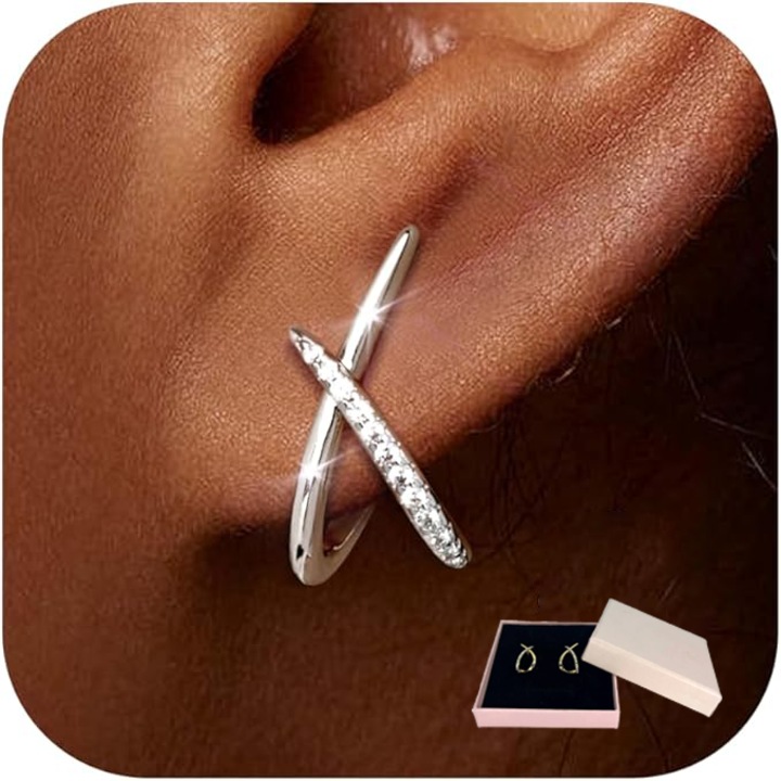 Обеци от сребро проба 925, кубичен цирконий, хипоалергенни, 14K бяло злато, 18,3 мм