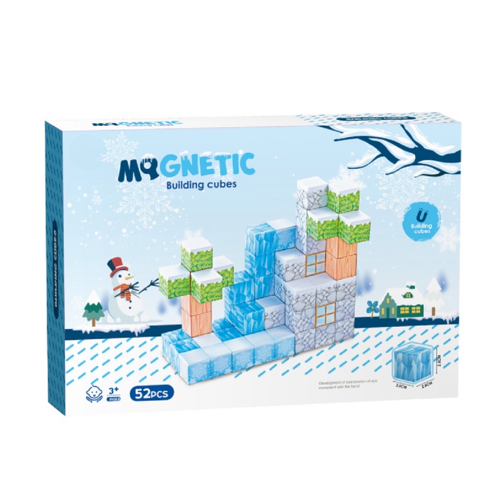 Cuburi magnetice Iarna Bufnitel, set 52 piese, 2.5 cm, multicolor