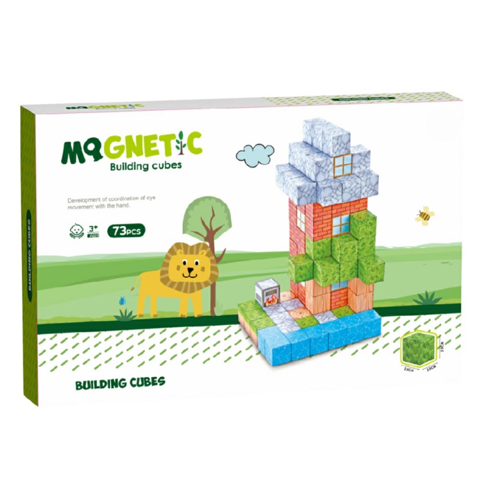 Cuburi magnetice Bufnitel - set 73 piese, 2.5 cm, tematica natura, plastic
