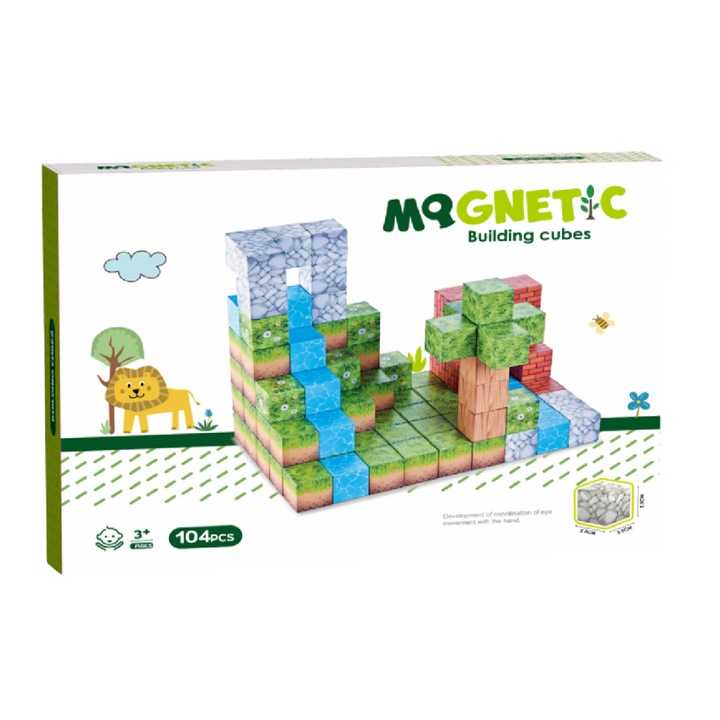 Cuburi magnetice Bufnitel, set 104 piese, 2.5 cm, natură, pentru copii 3 ani+