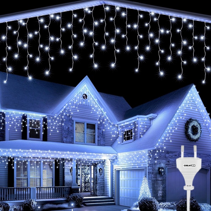 GREATON Karácsonyi Jégcsap Fényfüzér, 25m, 480 LED, Folyó Frojt, Beltéri/Kültéri, Fehér Kábel, 1 Fényjáték, Összekapcsolható, Vízálló, Hideg Fehér
