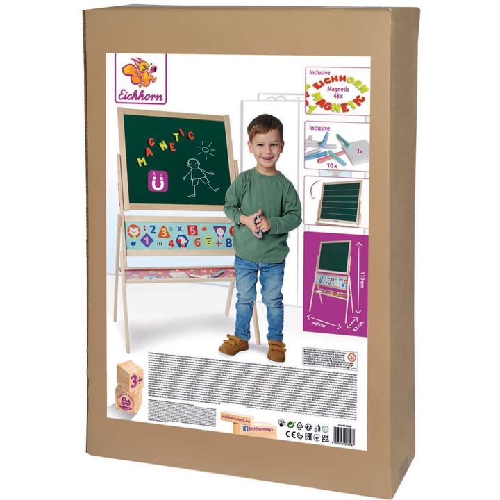 Tabla magnetică educativă Eichhorn din lemn 42x66x110cm, multicolor, cu accesorii incluse, pentru copii cu vârsta de 3 ani și peste