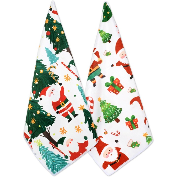 Set 2 Prosoape de Bucatarie Craciun, Super Absorbante si Moi, Prosoape Festive de Bucatarie, Uscare Rapida si Durabile, 37x57 cm – Mos Craciun
