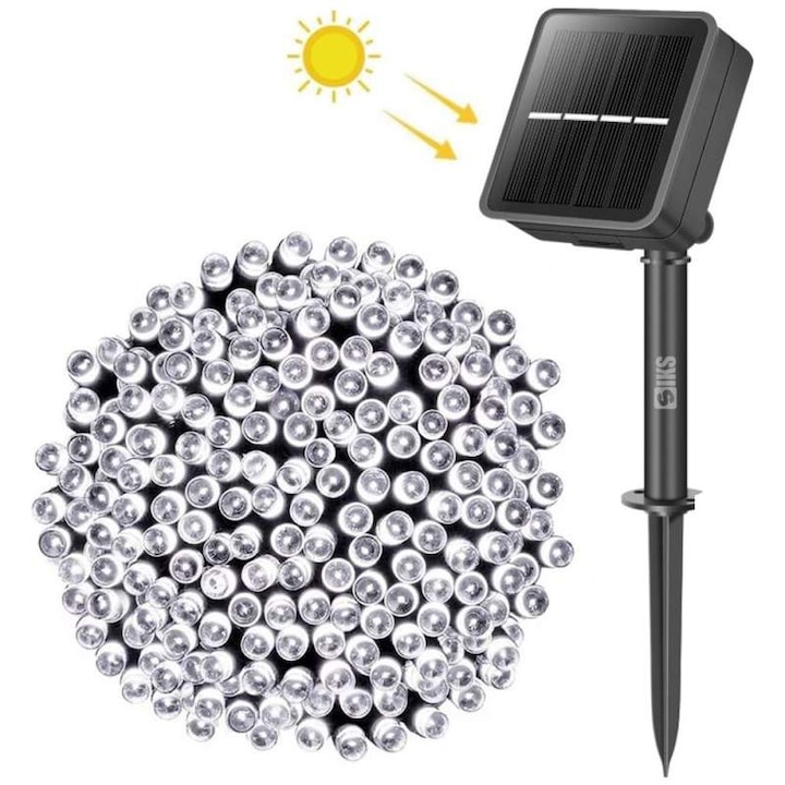 Instalatie De Craciun Liniara Solara SIKS Cu Telecomanda Pentru Exterior / Interior, 10 m, 100 LED-uri, Cu 8 Jocuri De Lumini, Panou Solar Cu Tarus, Alb Rece