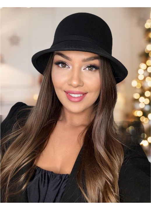 Palarie eleganta de dama cu decor floral Confortino Floria - Palarie Cloche, Palarie fetru, Palarie Neagra (Negru) - Marime Unica, Reglabila