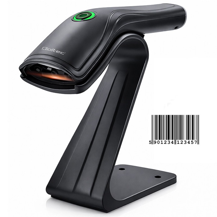 Skaner Cititor Coduri de Bare Qoltec Profesional Laser 1D USB cu Suport Inclus Rapid Ergonomic Rezistent la Cadere Compatibil Multiplatforma si Plug and Play