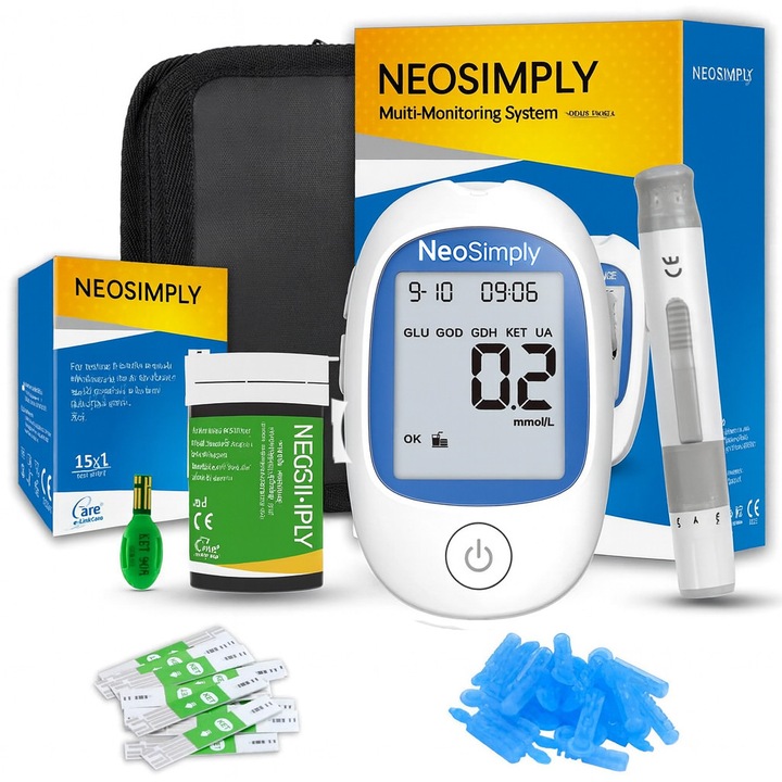 Kit glucometru Neosimply® 4 in 1, monitorizarea cetonelor din sange, glicemiei, hemoglobiei si a acidului uric, ideal pentru sustinerea dietei Keto