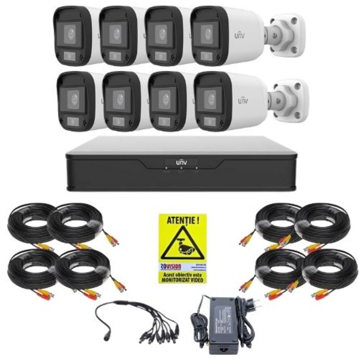 Uniview 8 kamerás megfigyelőrendszer, 5MP, ColorHunter, 5MP 2K+, 20m fehér fény, színes éjszakai látás, 8 csatornás DVR, szerelési tartozékok, telefonos megtekintés