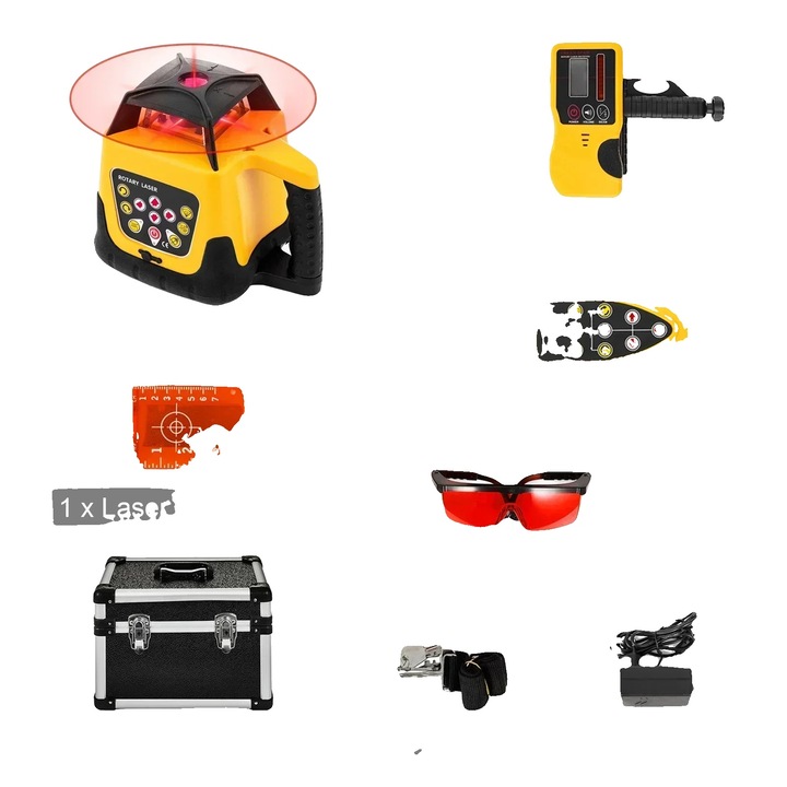 Лазерен нивелир, самонивелиращ се, обхват на сканиране 500м, червен, размери 20x20x5см