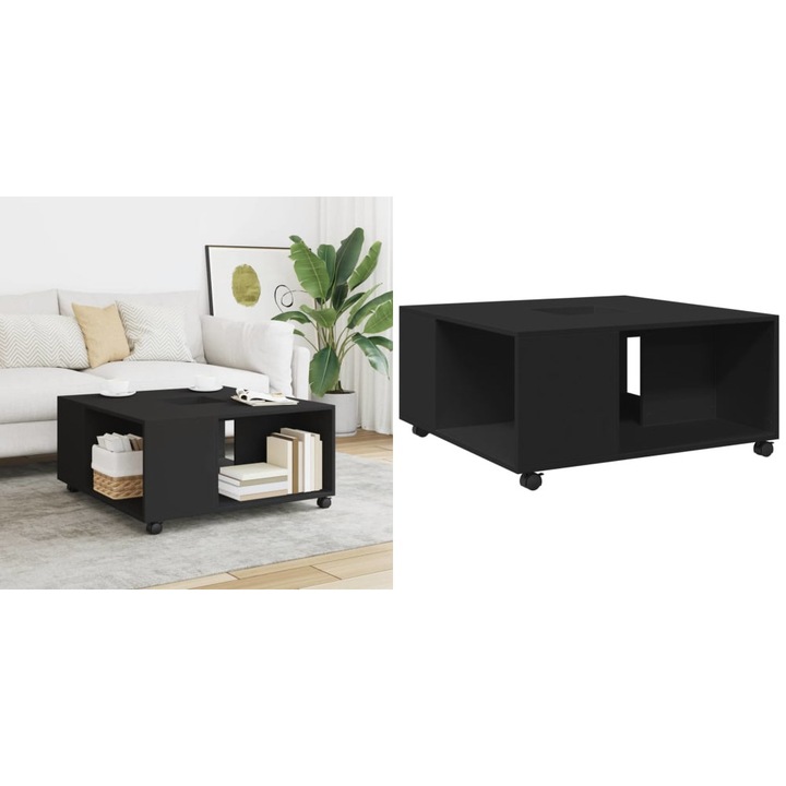 Masă de cafea, neagră, 80x80x40 cm, lemn prelucrat, cu 4 compartimente, roți pivotante