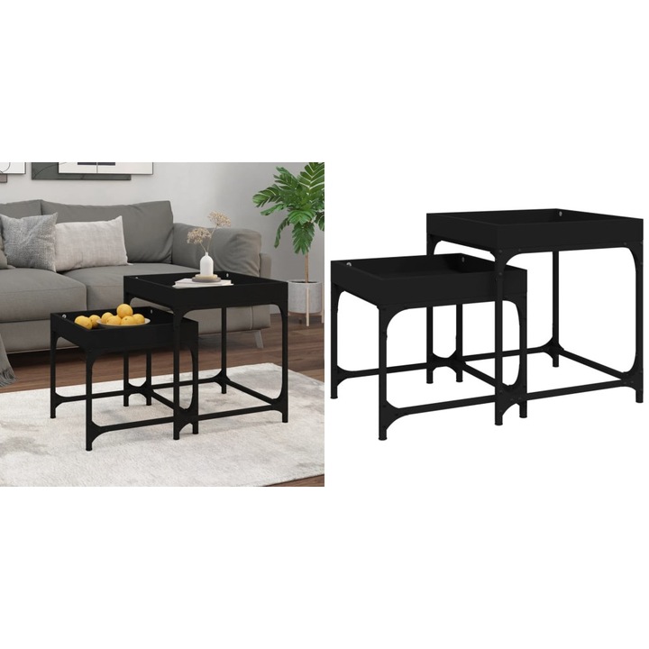 Set 2 masute laterale, negru, lemn compozit, 45x45x50, 5cm, 40x40x38, 5cm