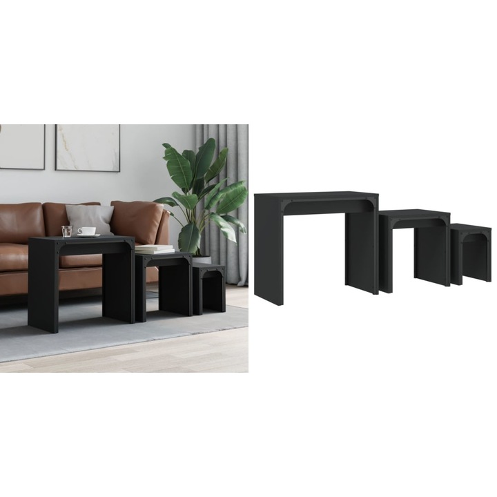 Set 3 mese suprapuse de cafea, negru, lemn prelucrat, dimensiuni variate 60x35x56cm, 43x35x43, 5cm, 25x35x33cm
