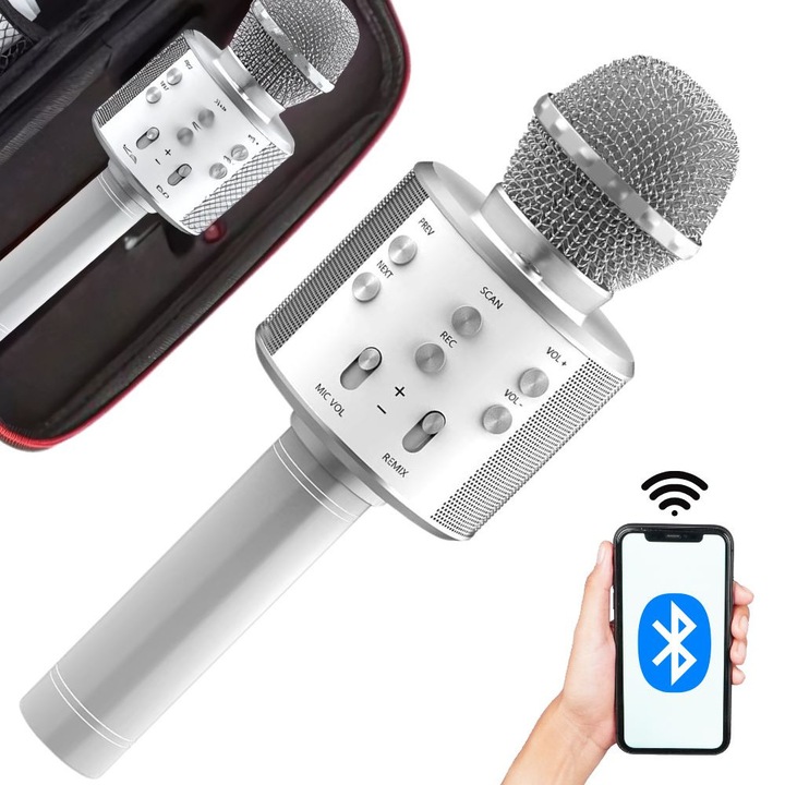 Microfon wireless cu difuzor karaoke Bluetooth, cu carcasă rotundă, moduri diferite, argintiu