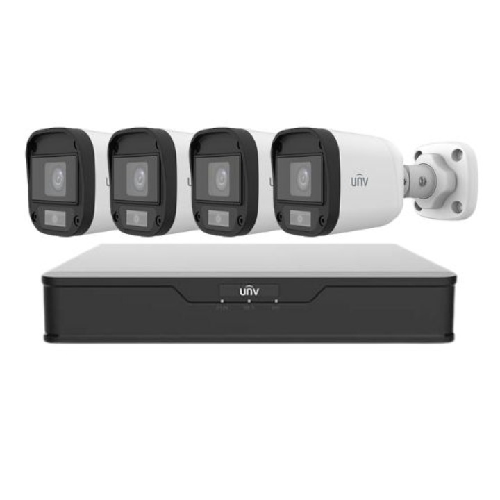 Uniview 4 mini kamerás megfigyelő szett, 5MP, ColorHunter, 5MP 2K+, 20m fehér fény, színes éjszakai látás, 4 csatornás DVR, telefonos megtekintés