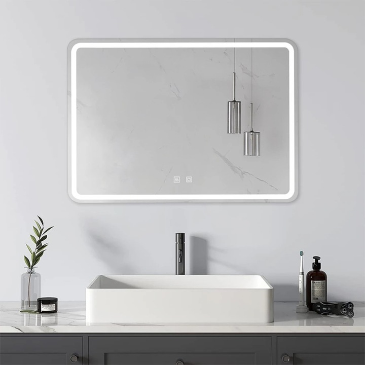 Oglinda baie, Multifunctionala, Iluminare LED Touch, Intensitate reglabila, Sistem Dezaburire, 70x100 cm
