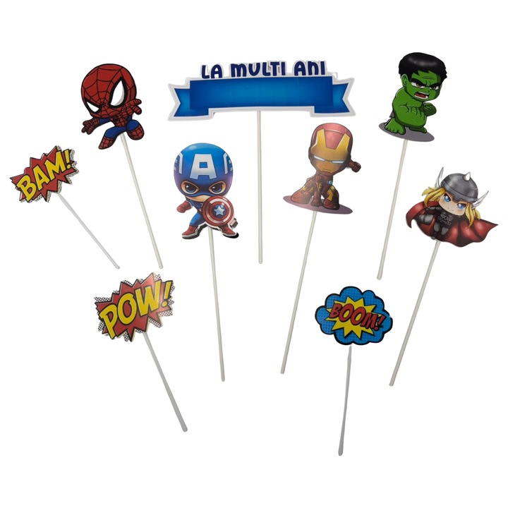 Decoratiune topper tort, EBIN, Supereroi Marvel, set 9 piese, multicolor