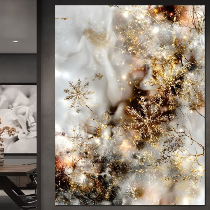 Tablou Canvas Premium, LuxCanva® D1067, Sclipire Inghetata, 45 X 60 CM, Panza Bumbac 100% 400g/m2, Sasiu, Lemn, Aur, Iarna, Fragilitate, Fulgi, Lumina, Cristal, Dans, Alb, Eleganta, Rafinament, Frumusete, Abstracta, Stralucire, Camera Copil, Living