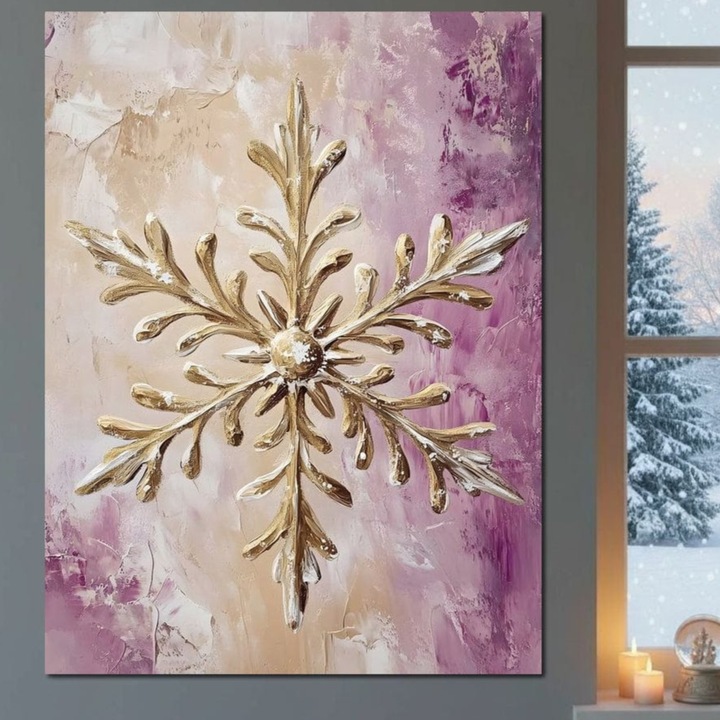 Tablou Canvas Premium, LuxCanva® D1065, Simbolul Iernii, 100 X 135 CM, Panza Bumbac 100% 400g/m2, Sasiu, Lemn, Fulg, Zapada, Auriu, Craciun, Festiv, Eleganta, Stralucire, Lux, Lila, Frumos, Gheata, Cer, Decoratiune, Simbol, Camera Copil, Living, Dormitor