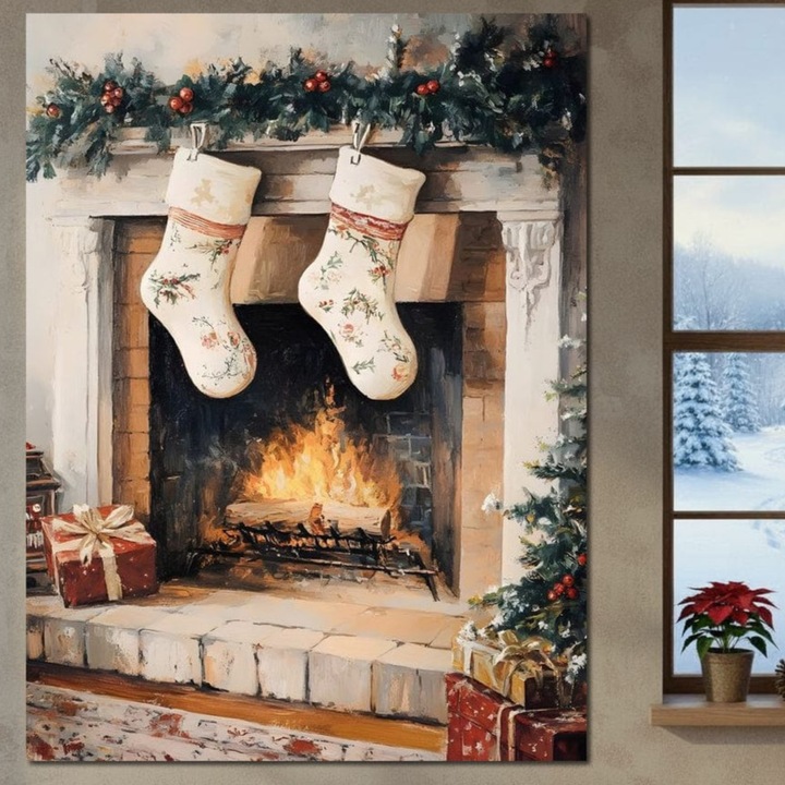 Tablou Canvas Premium, LuxCanva® D1062, Ciorapii Mosului, 90 X 120 CM, Panza Bumbac 100% 400g/m2, Sasiu, Lemn, Iarna, Semineu, Aprins, Foc, Lemne, Ghirlanda, Brad, Magie, Mos Craciun, Visare, Familie, Ajun, Asteptare, Camera Copil, Living, Dormitor