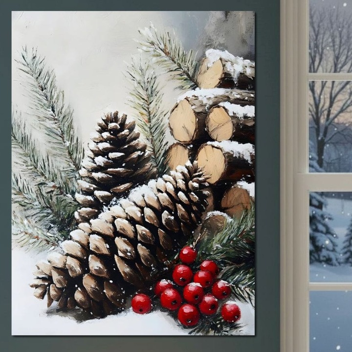 Tablou Canvas Premium, LuxCanva® D1066, Culorile Craciunului, 45 X 60 CM, Panza Bumbac 100% 400g/m2, Sasiu, Lemn, Con, Brad, Bobite, Rosu, Verde, Zapada, Lemn, Crengute, Natura, Rustic, Padure, Craciun, Gheata, Bucurie, Camera Copil, Living, Dormitor