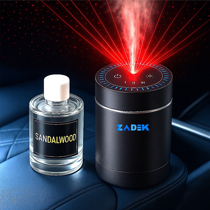 Odorizant auto smart ZADEK®, 80 ml, control inteligent, difuzie automata in 3 trepte, proiectie stelara, lumini ambientale, USB-C, carcasa aluminiu, aroma Sandalwood premium