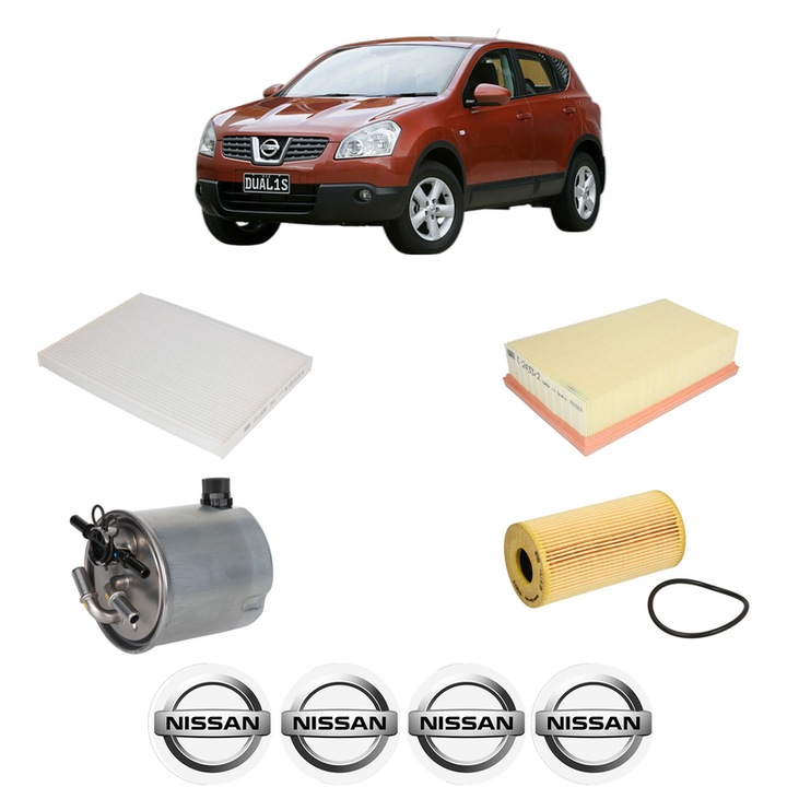 Pachet revizie NISSAN QASHQAI I (J10, NJ10) 2.0 dCi All-wheel Drive din 2007-2013, Contine filtru aer, ulei, combustibil, habitaclu MANN, 4x Stickere cu NISSAN