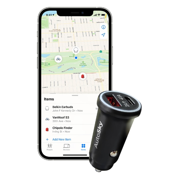 Incarcator Auto cu GPS Tracker AutoSky, Dual USB, Protectie Antifurt, 5x10x3cm