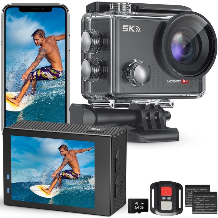 Екшън камера Hiicam Speed 10, 5K, водоустойчива 40м, WiFi, комплект с 2 батерии 1350mAh и карта памет 64GB