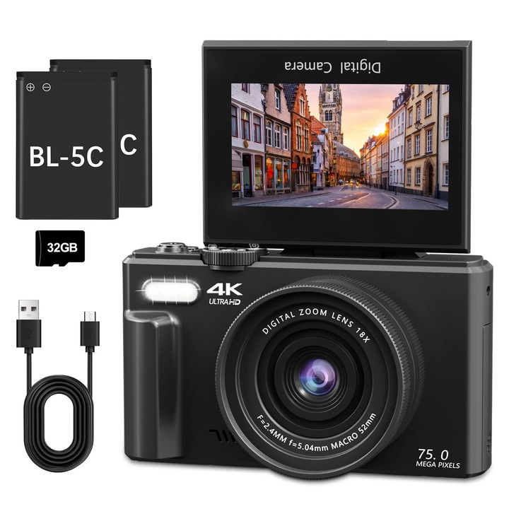 H-Bocam 4K 64Mp digitális fényképezőgép, Wi-Fi, 3" kihajtható képernyő, 18X zoom, szett 32Gb-es kártyával és 2 akkumulátorral