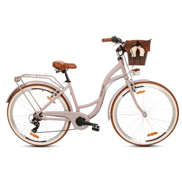 Bicicleta de oras Goetze Mood 28", cadru aluminiu 18", design retro, frane V-Brake, 7 viteze Shimano Tourney, cos pe ghidon