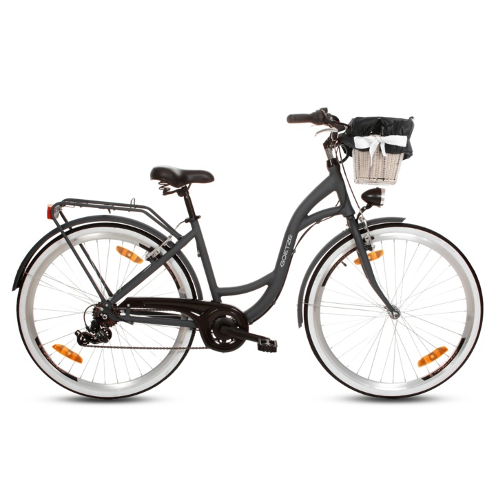 Bicicleta de oras Goetze Mood 28", cadru otel 18", design retro, frane V-Brake, 7 viteze Shimano Tourney, cos pe ghidon, Albastru Denim