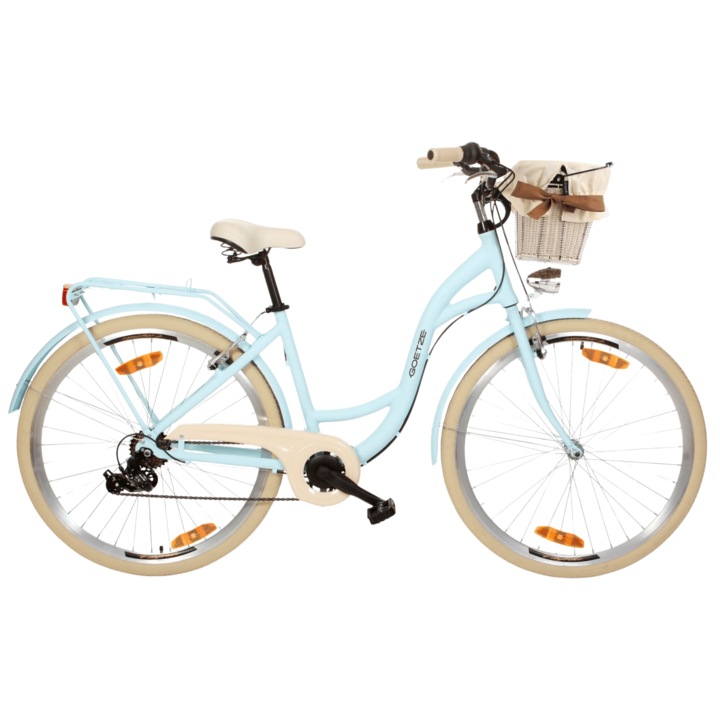 Bicicleta de oras Goetze Mood 28", cadru aluminiu 18", design retro, frane V-Brake, 7 viteze Shimano Tourney, cos pe ghidon, Albastru deschis