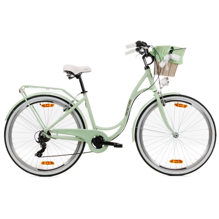 Bicicleta de oras Goetze Mood 28", cadru otel 18", design retro, frane V-Brake, 7 viteze Shimano Tourney, cos pe ghidon, Bej Sampanie