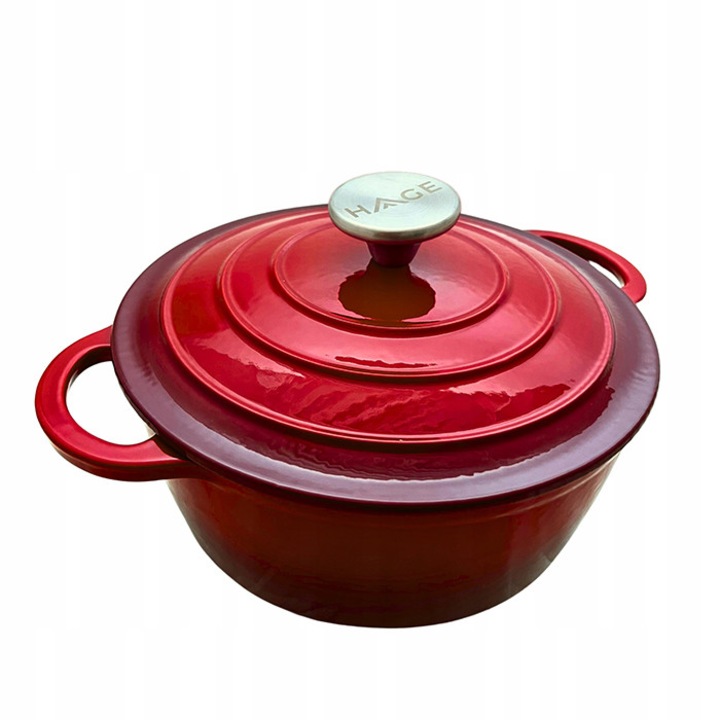 Oala HAGE 4L, fonta emailata, pentru inductie/gaz/cuptor, cu capac, rosu